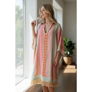 Chocolate Preppy Linen Dress Womens Large Boho Fringe Hem Casual Lagenlook Italy